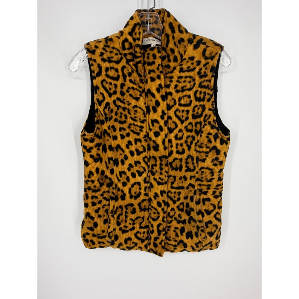 Jones New York Sport Vest Womens Small Yellow Leopard Print Zip Mock Neck Gorp